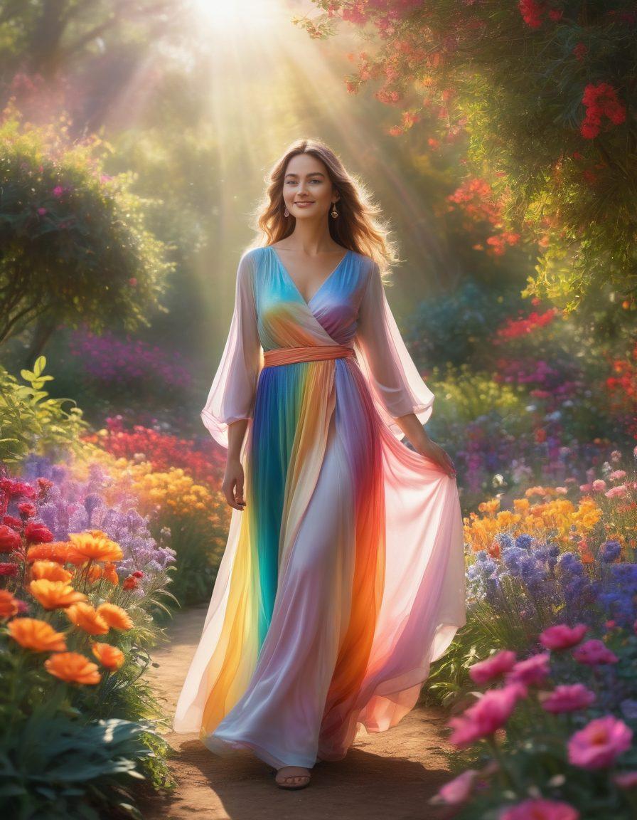 A radiant figure standing confidently in a sunlit garden, surrounded by vibrant flowers blooming in a rainbow of colors, reflecting inner beauty and self-love. The person is dressed in flowing garments that symbolize freedom and authenticity, with a serene smile that embodies self-confidence. Soft, ethereal light highlights the scene, enhancing the sense of empowerment and tranquility. digital painting. vibrant colors. ethereal atmosphere.