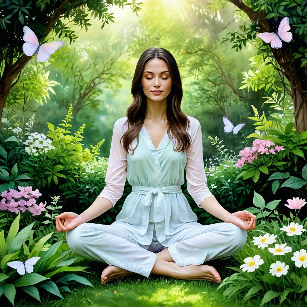 A serene woman meditating in a lush garden, surrounded by blooming flowers symbolizing inner beauty, with soft sunlight filtering through the leaves. Elements of mindfulness like gentle waves of energy radiating from her, and vibrant butterflies fluttering around her. The scene evokes a sense of tranquility and empowerment. watercolor style. soft pastel colors. ethereal atmosphere.