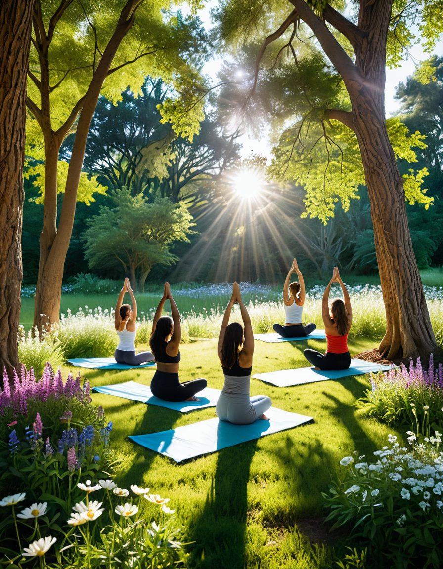 A serene and uplifting scene featuring a diverse group of individuals practicing yoga in a sunlit park, surrounded by vibrant wildflowers and tall trees. Each person is surrounded by floating positive affirmation words like 'Believe', 'Thrive', and 'Empower'. Soft, glowing light illuminates the scene, reflecting a sense of tranquility and holistic wellness. super-realistic. vibrant colors. bright and airy.